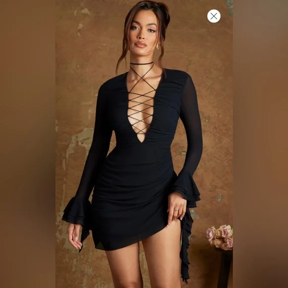 Lace Up Front Mini Dress in Black, 2